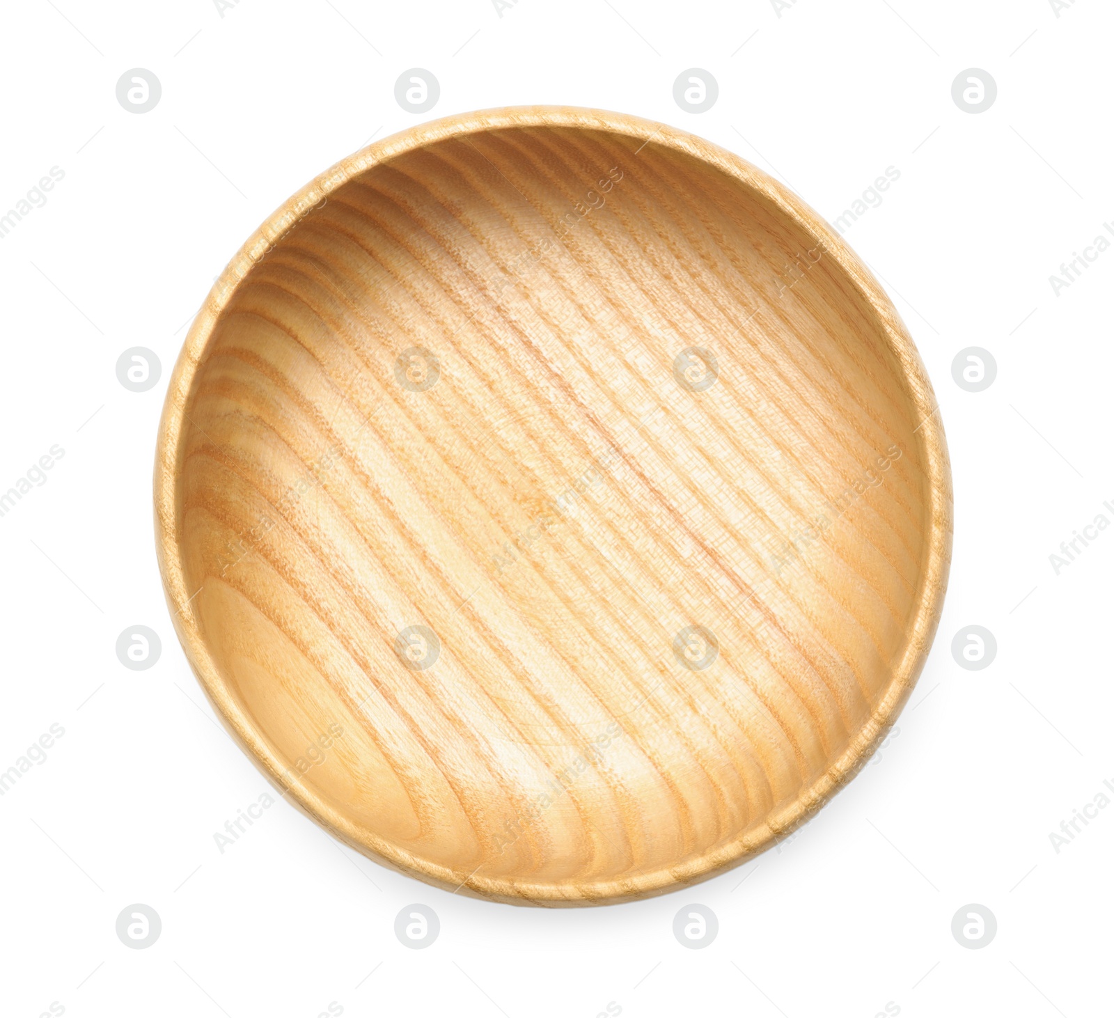 Photo of Empty clean wooden bowl isolated on white, top view