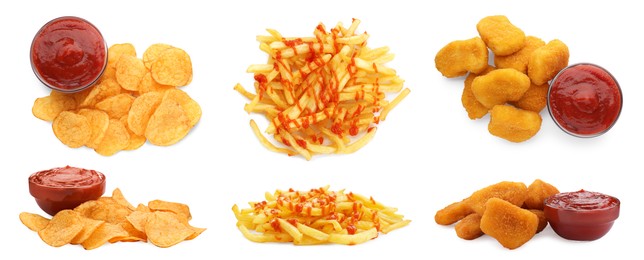 Image of Collage of tasty chips, French fries and nuggets served with ketchup on white background, top and side views