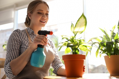 Photo of Young beautiful woman taking care of home plants at table indoors, space for text