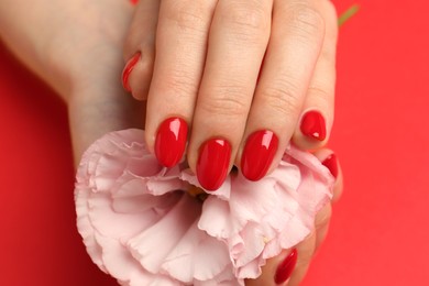 Photo of Woman with gel polish on nails touching flower on red background, closeup