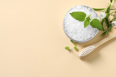Photo of Flat lay composition with toothbrush and herbs on beige background. Space for text