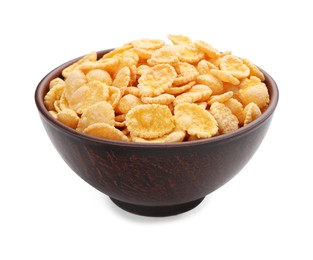 Photo of Bowl of tasty corn flakes isolated on white