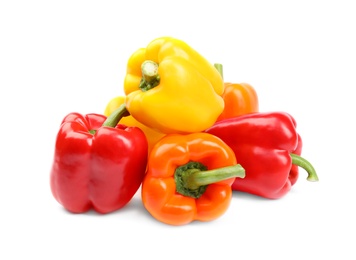 Photo of Fresh ripe bell peppers on white background