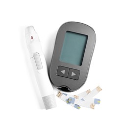 Photo of Glucometer, lancet pen and strips on white background, top view. Diabetes testing kit