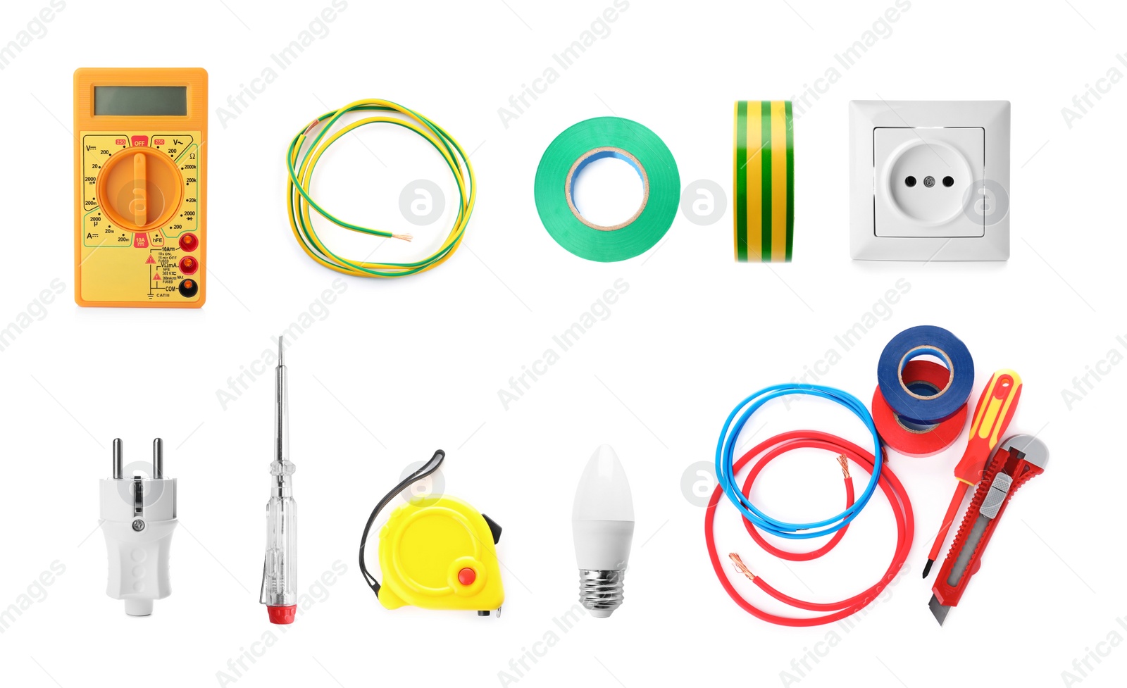 Image of Set of electrician's tools and equipment on white background