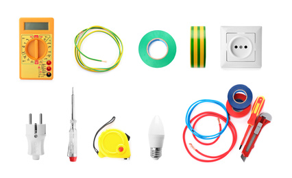 Image of Set of electrician's tools and equipment on white background