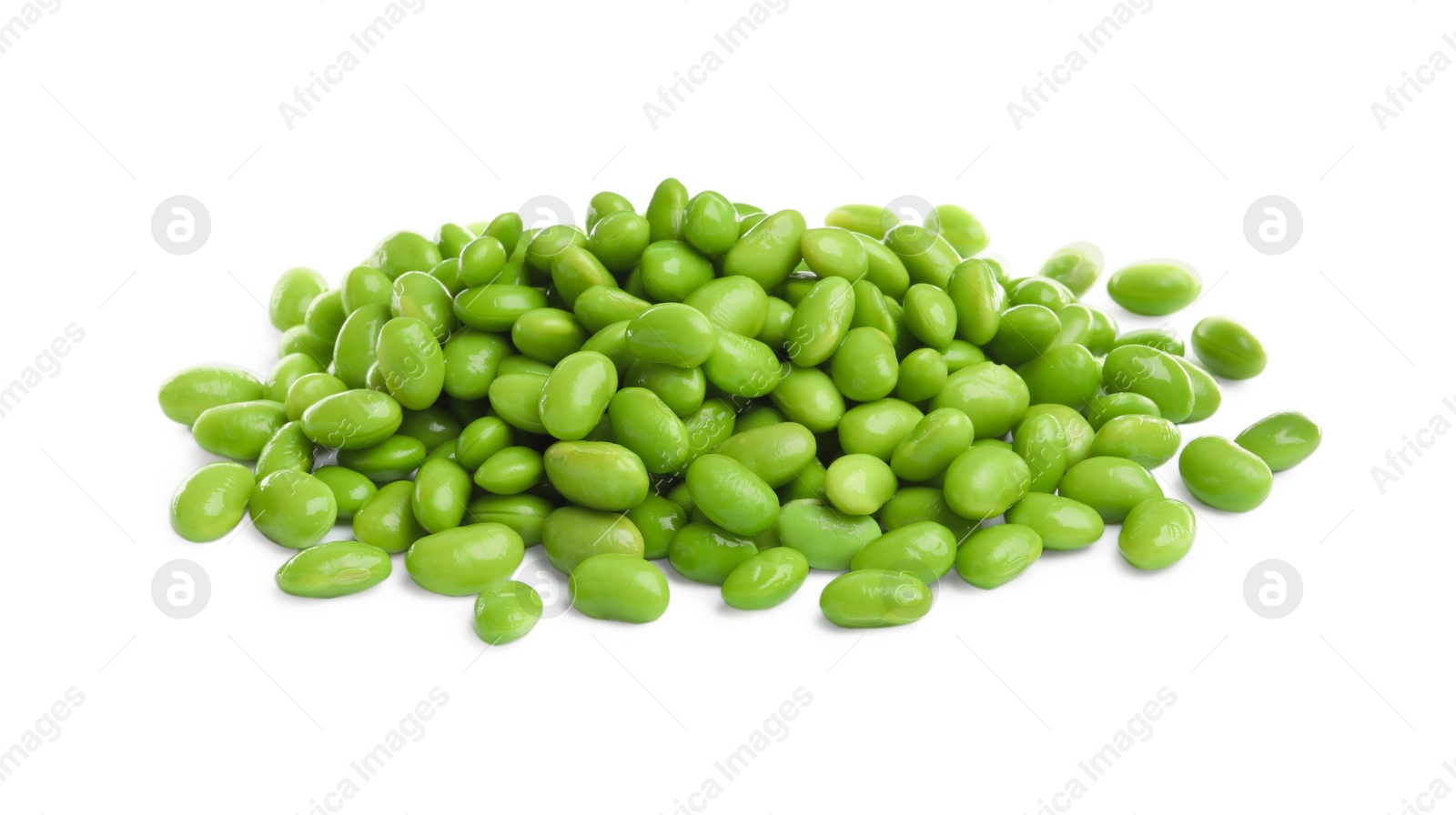 Photo of Pile of fresh edamame soybeans on white background