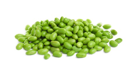 Photo of Pile of fresh edamame soybeans on white background