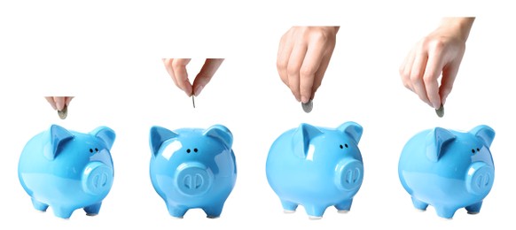 Collage with photos of women putting coins into light blue piggy banks on white background, closeup. Banner design