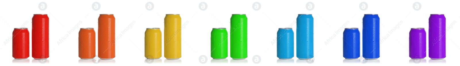 Image of Set with different colorful aluminium cans of beverage on white background. Banner design