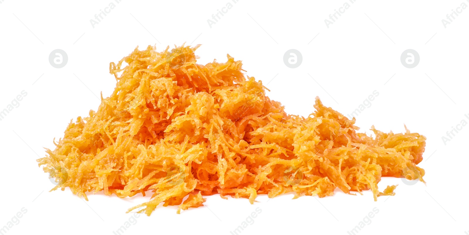 Photo of Heap of fresh grated carrot on white background