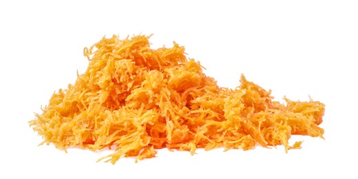 Photo of Heap of fresh grated carrot on white background