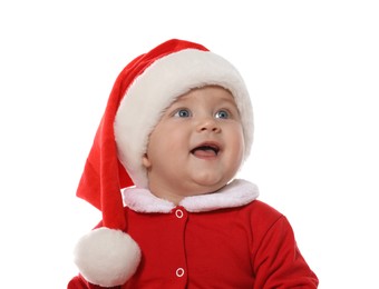 Cute baby in Christmas costume on white background