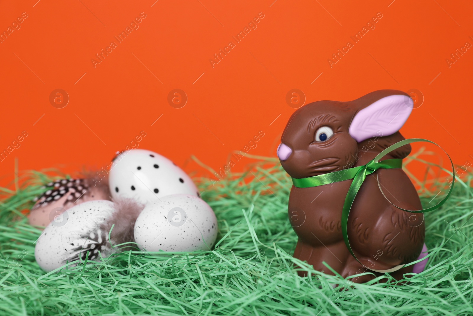 Photo of Easter celebration. Funny chocolate bunny and painted eggs with feathers on grass against red background