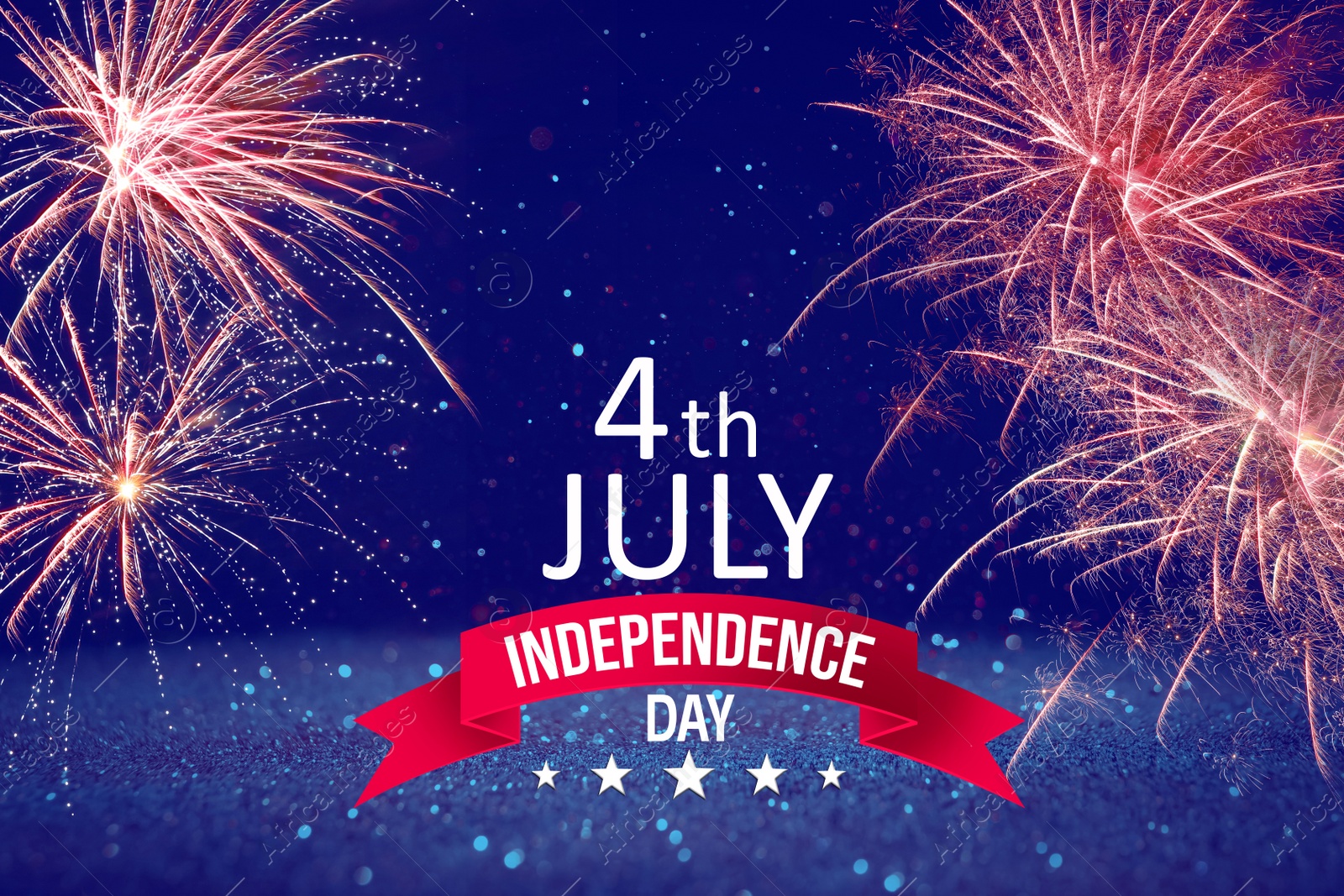 Image of 4th of July - Independence Day of USA. Festive background with fireworks and glitters, bokeh effect