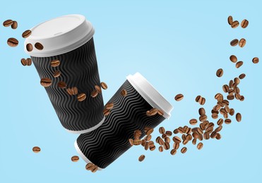 Coffee to go. Paper cups and roasted beans flying on light blue background