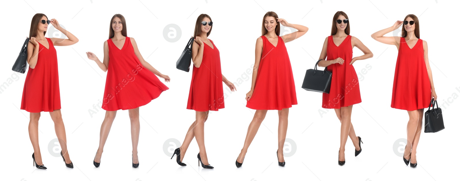 Image of Collage with photos of woman in red dress on white background. Banner design