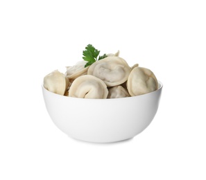 Bowl with tasty dumplings isolated on white