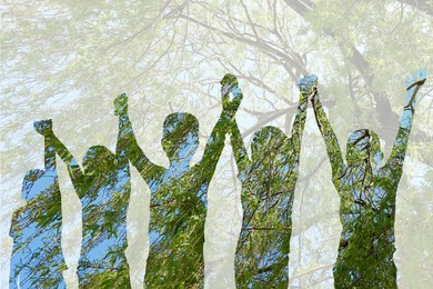 Silhouettes of children and tree outdoors, double exposure