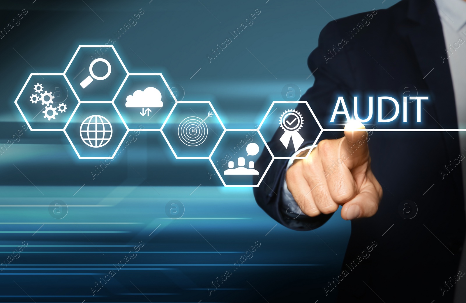 Image of Audit concept. Closeup view of man and different icons on virtual screen