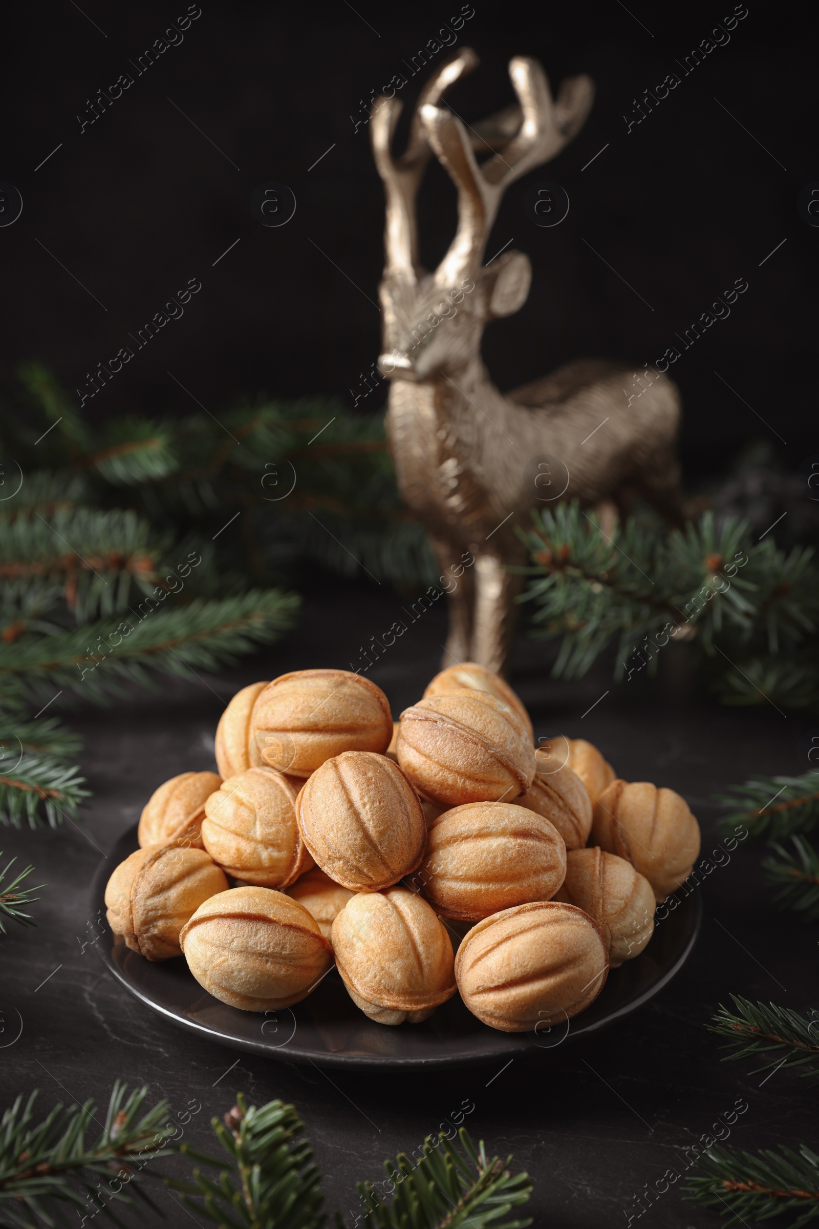 Photo of Plate of tasty nut shaped cookies among fir branches on black table