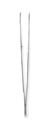 Photo of Stainless forceps on white background, top view. Medical tool
