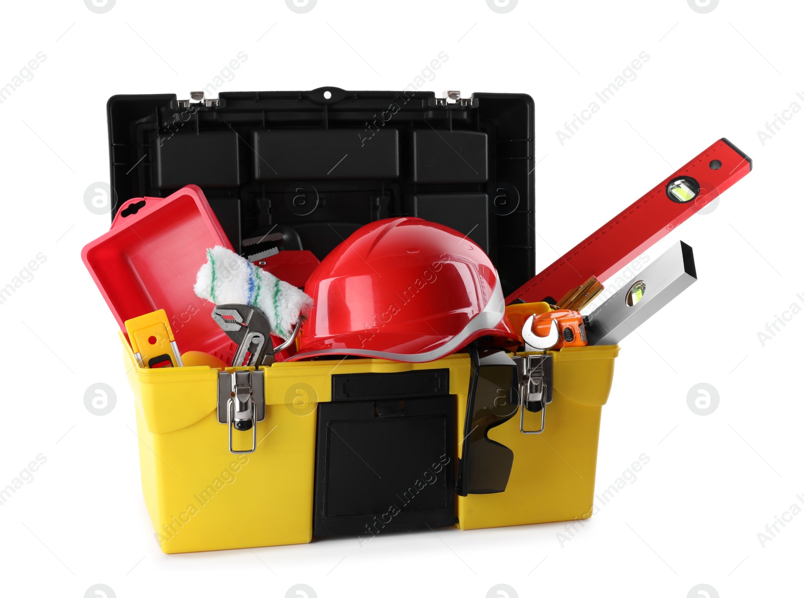 Photo of Construction tools in box isolated on white