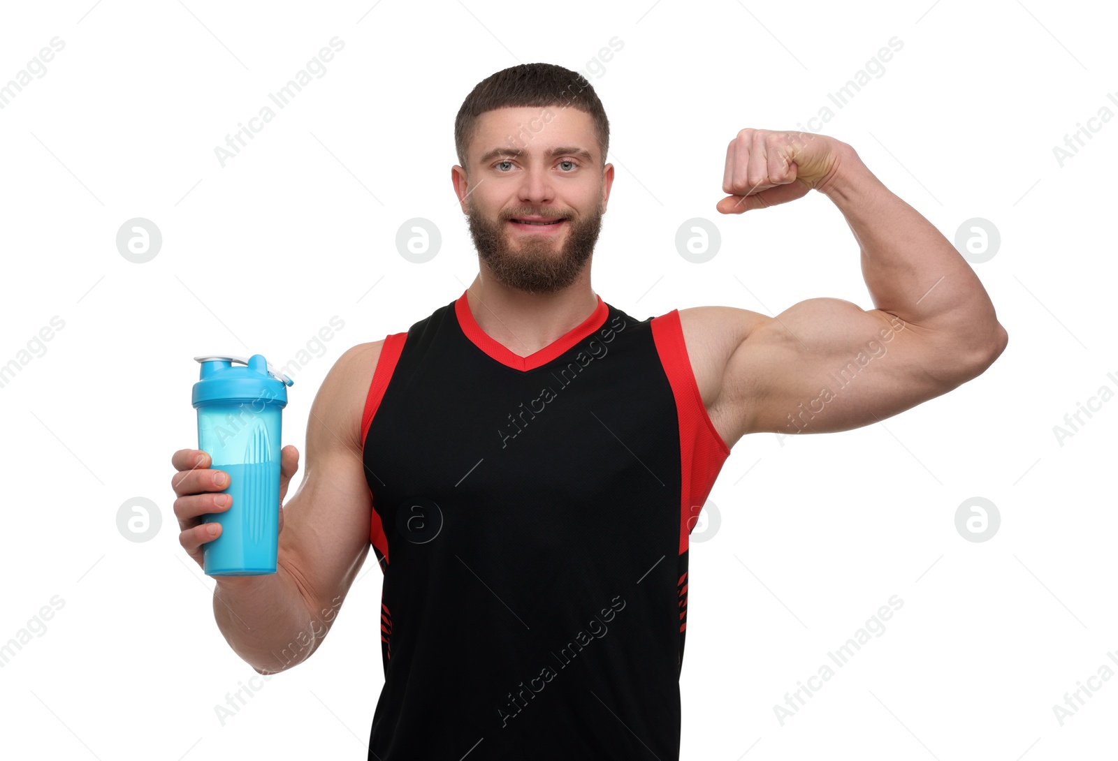 Photo of Young man with muscular body holding shaker of protein on white background