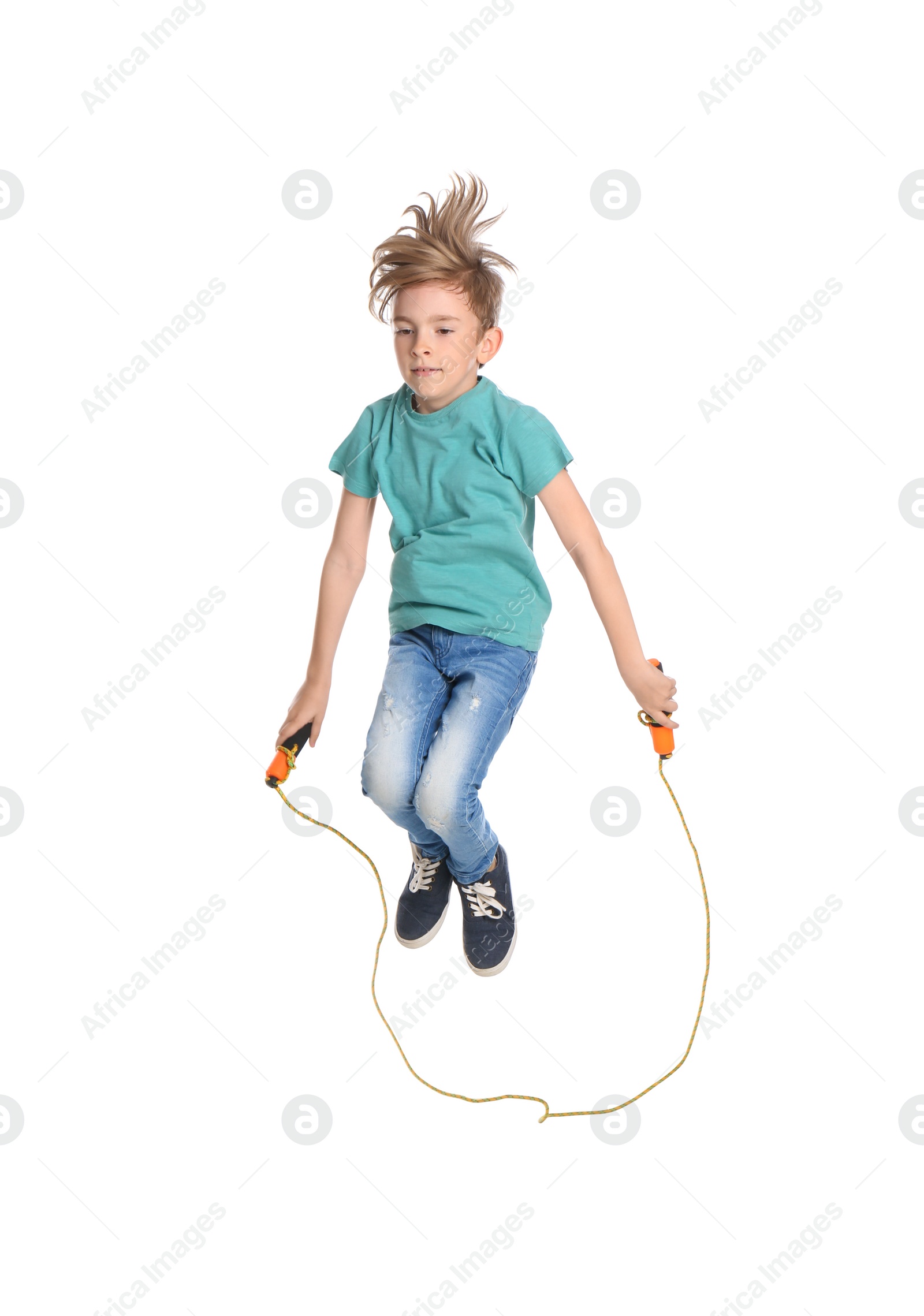 Photo of Cute little boy with jump rope on white background