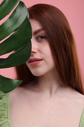 Portrait of beautiful woman with freckles and monstera leaf on pink background