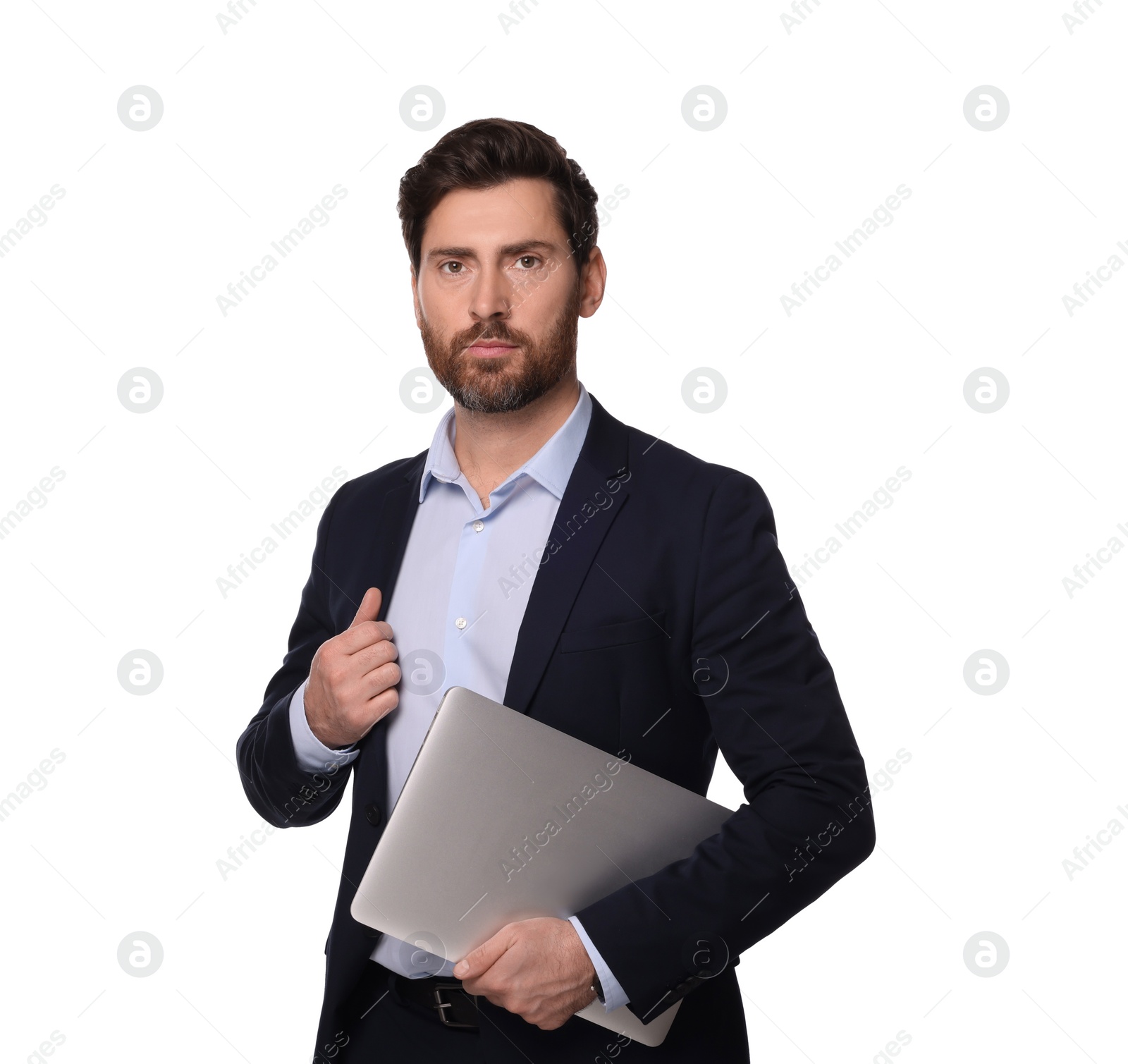 Photo of Portrait of serious man with laptop on white background. Lawyer, businessman, accountant or manager