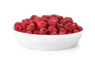 Photo of Plate with ripe raspberries on white background