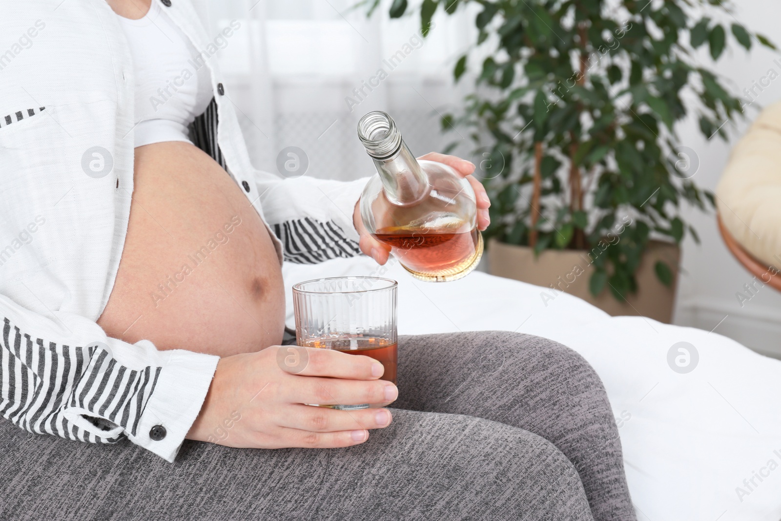 Photo of Pregnant woman pouring whiskey into glass at home. Alcohol addiction