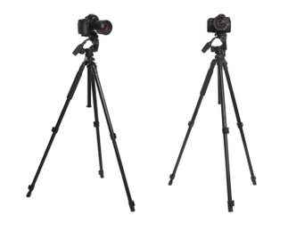 Image of Modern tripods with professional cameras on white background 