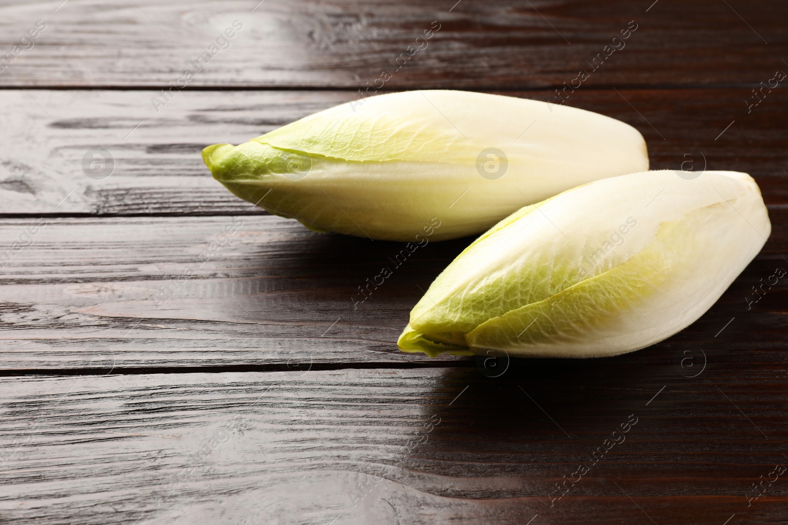 Photo of Raw ripe chicories on wooden table, space for text