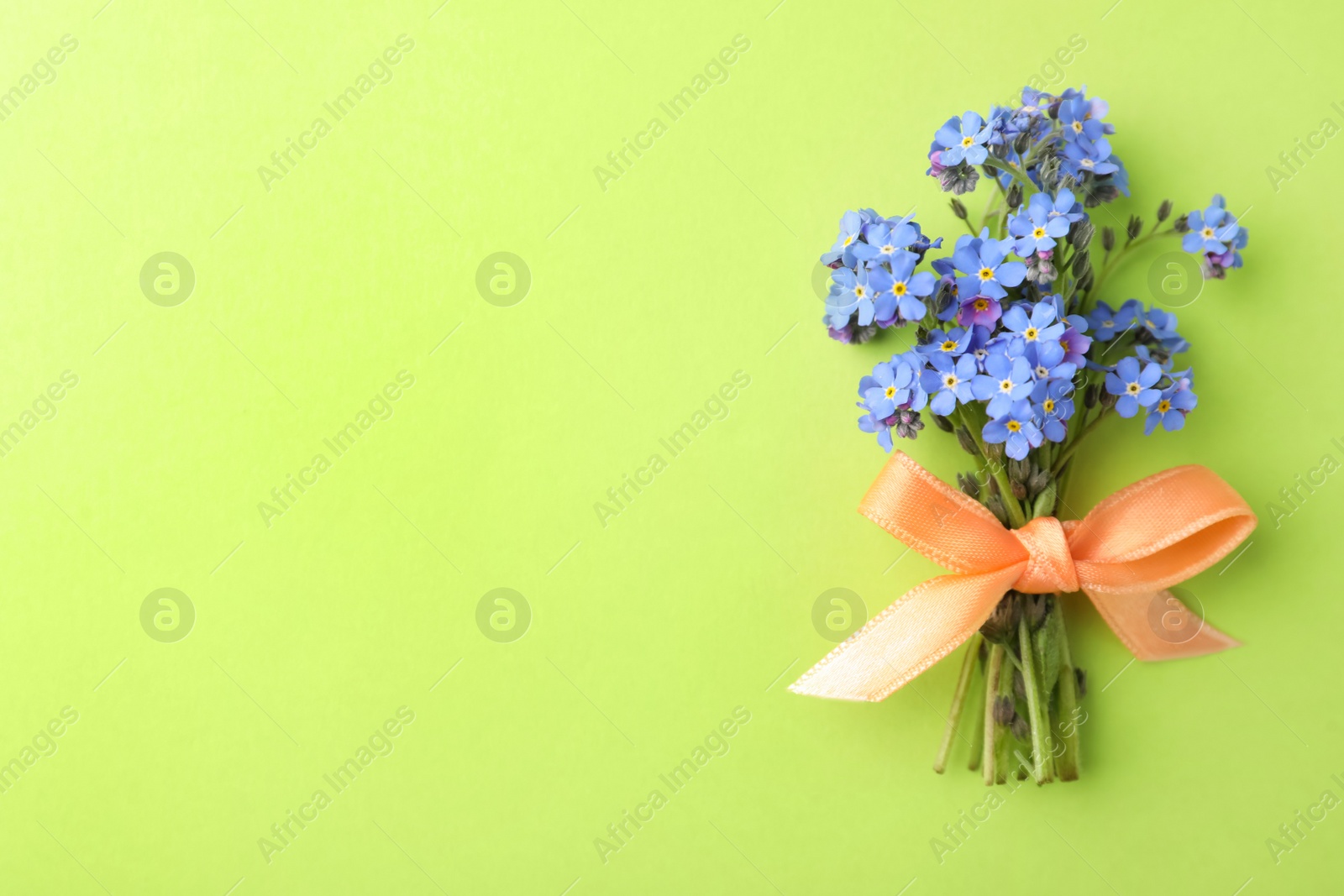 Photo of Beautiful blue forget-me-not flowers tied with ribbon on light green background, top view. Space for text