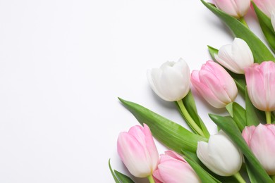 Photo of Beautiful pink spring tulips on white background, top view. Space for text