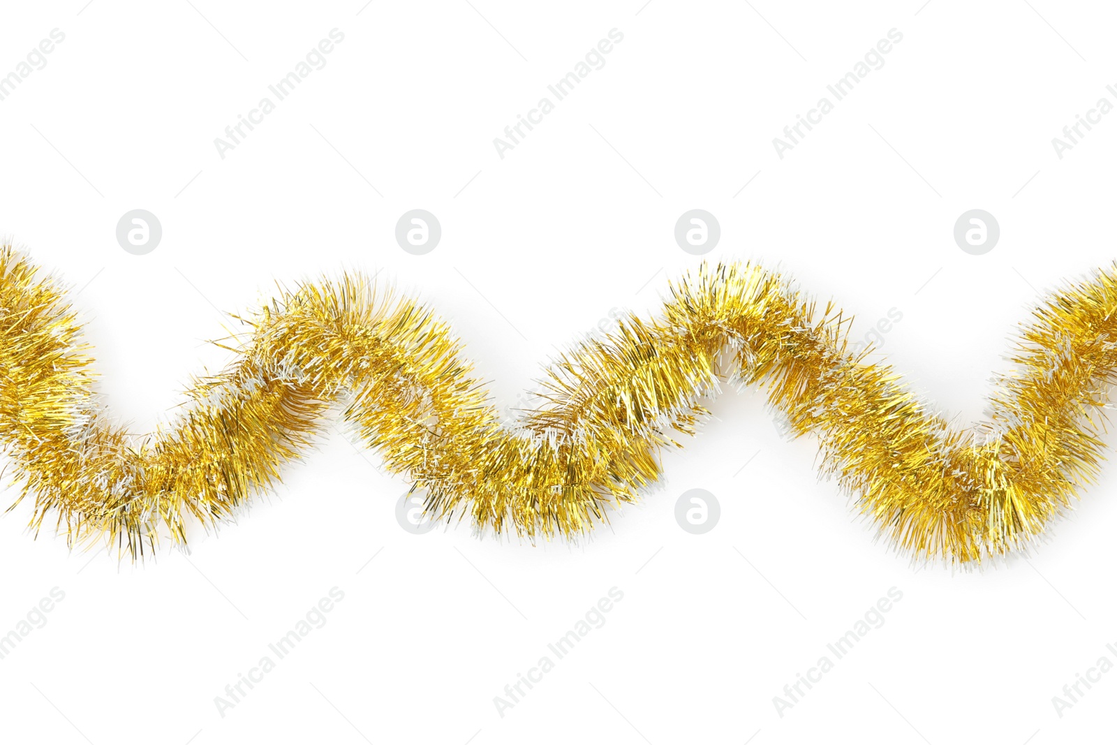 Photo of Shiny golden tinsel isolated on white, top view