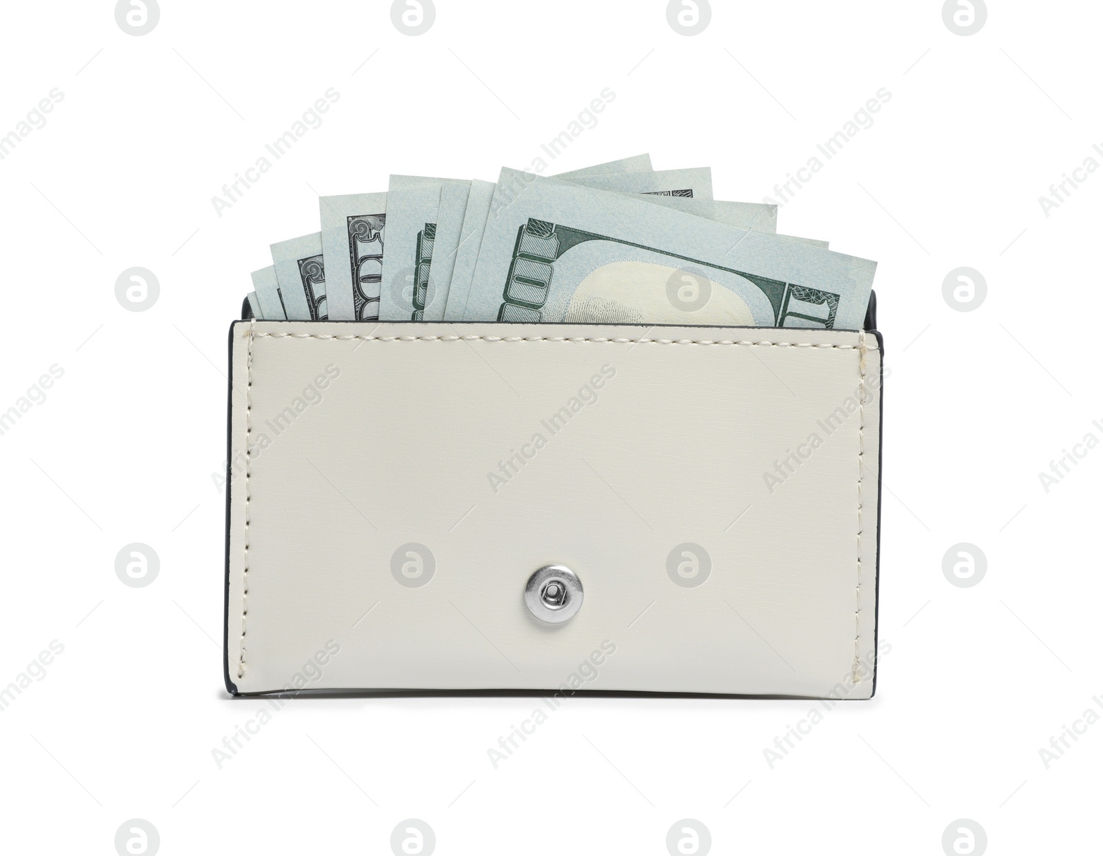 Photo of Stylish leather purse with dollar banknotes on white background