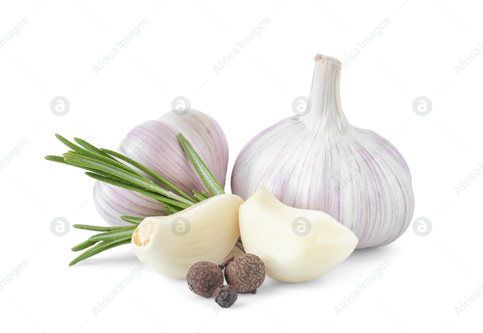 Photo of Fresh garlic, rosemary and allspice on white background