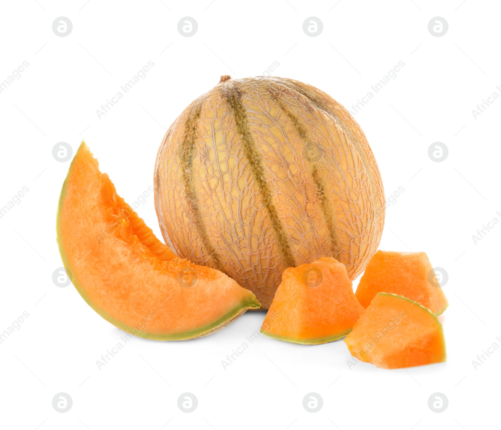 Photo of Whole and sliced tasty ripe melons on white background