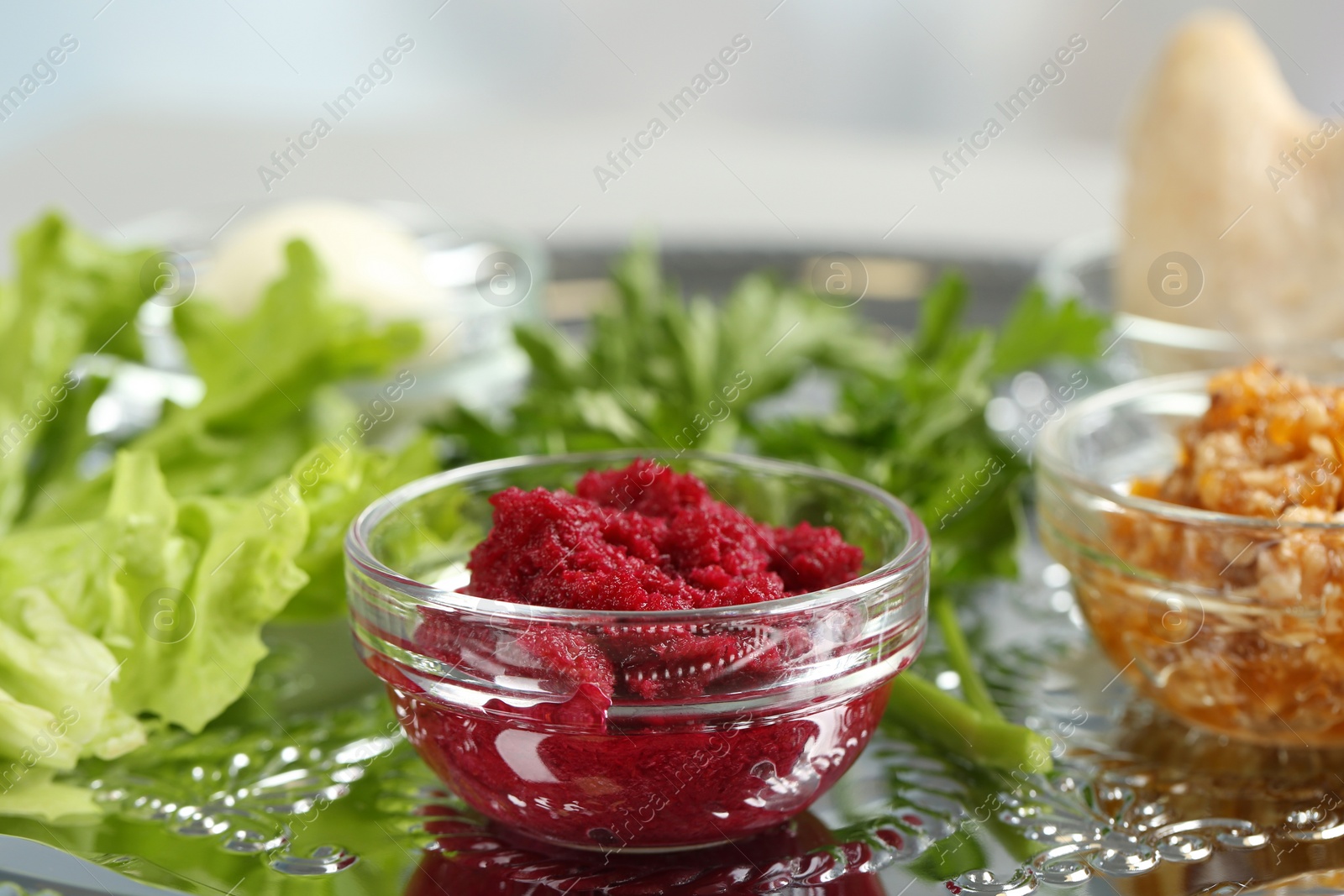 Photo of Symbolic meal on traditional Passover (Pesach) Seder plate, closeup