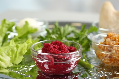 Symbolic meal on traditional Passover (Pesach) Seder plate, closeup