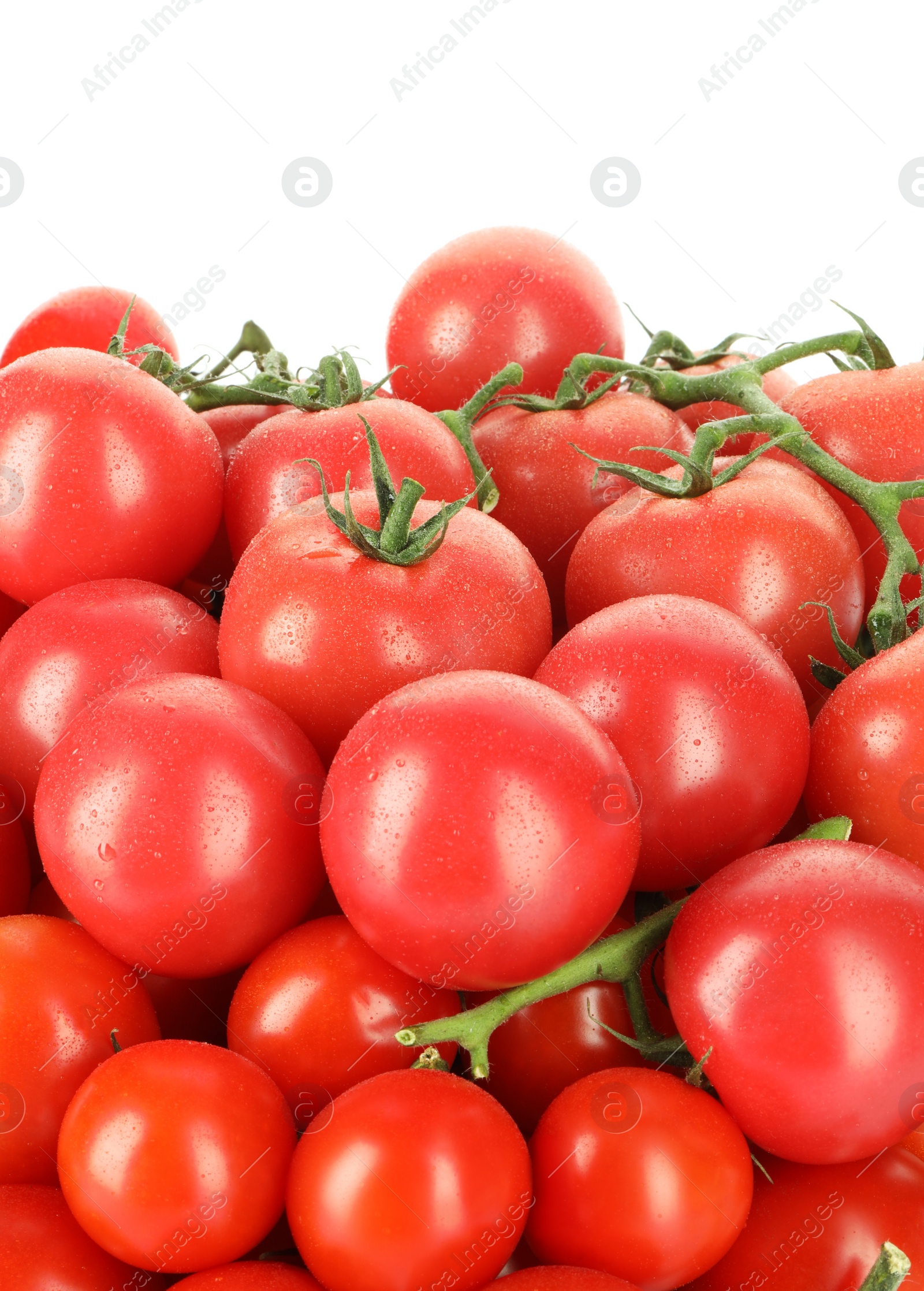 Photo of Many fresh ripe cherry tomatoes with water drops isolated on white