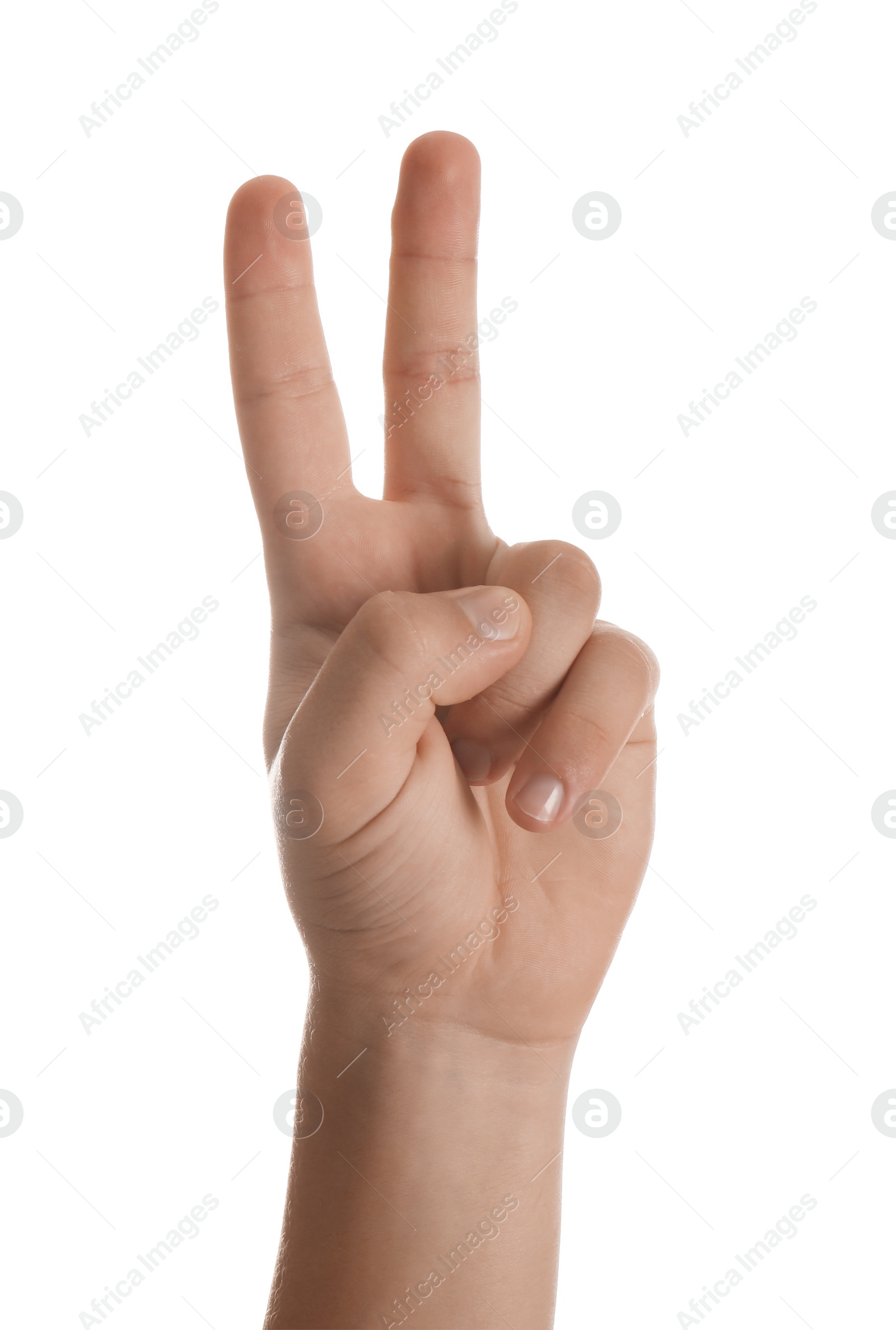 Photo of Teenage boy showing two fingers on white background, closeup