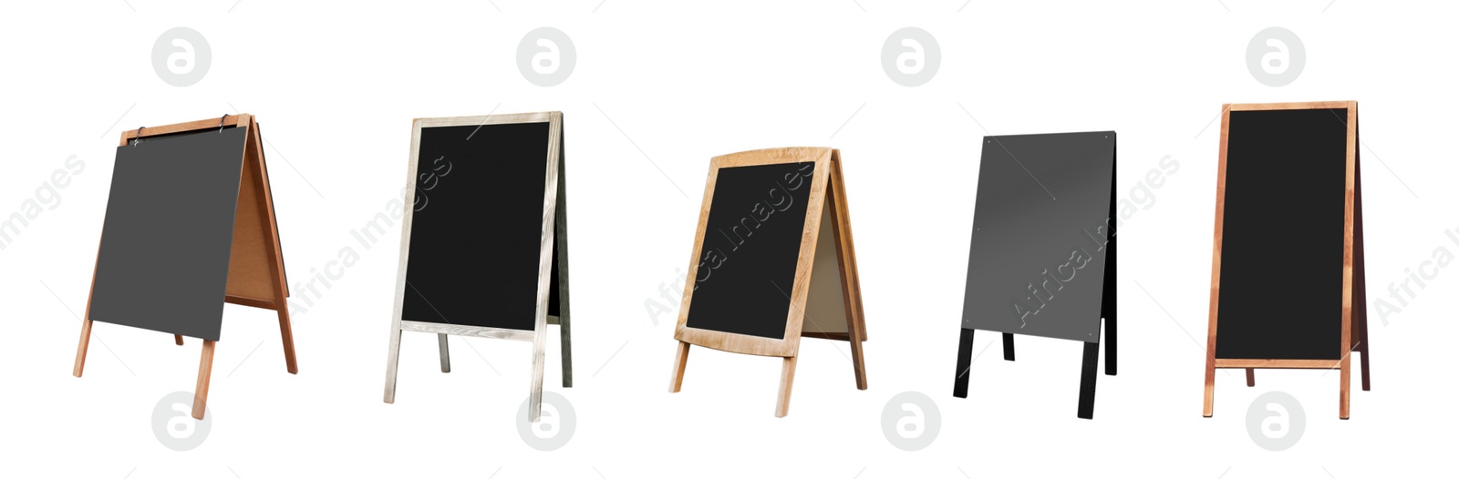 Image of Set with blank advertising A-boards on white background, banner design. Mockup for design