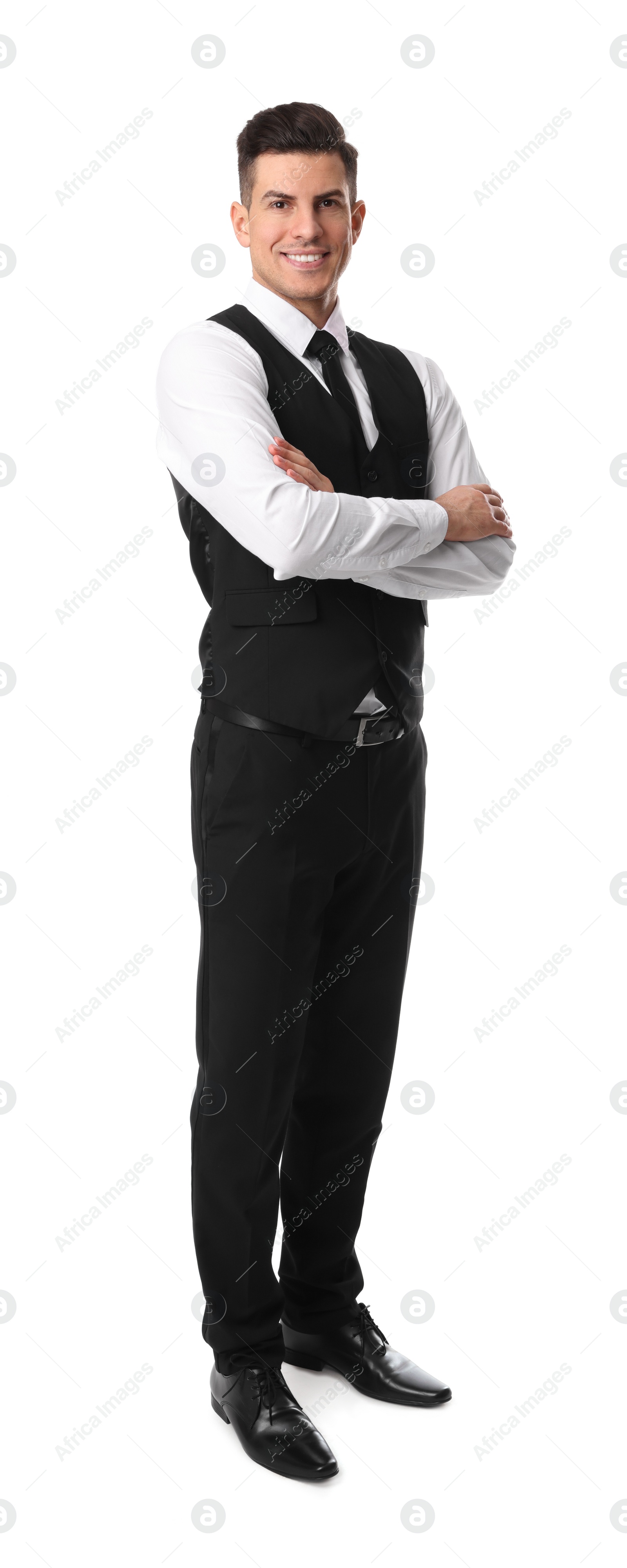 Photo of Full length portrait of happy receptionist in uniform on white background