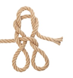 Photo of Hemp rope with loops isolated on white, top view