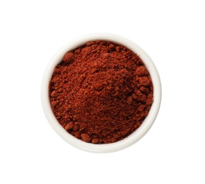 Photo of Dried cranberry powder in bowl isolated on white, top view