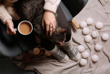 Woman in warm sweater with cute cat sitting in armchair, top view